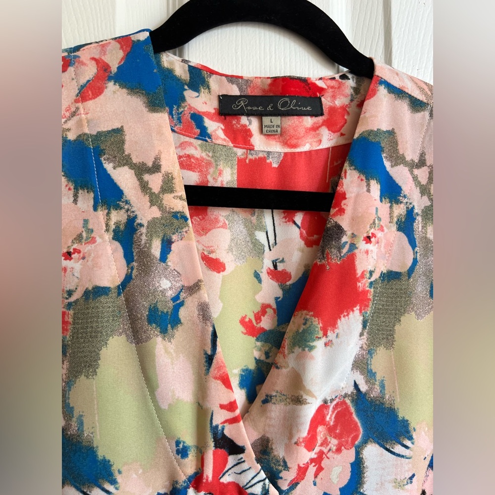 Rose & Olive Floral V-Neck Button Front Blouse in Red, Blue, Green, Pink - Picture 5 of 8